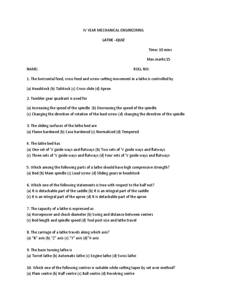 Lathe Quiz PDF Woodworking Metalworking