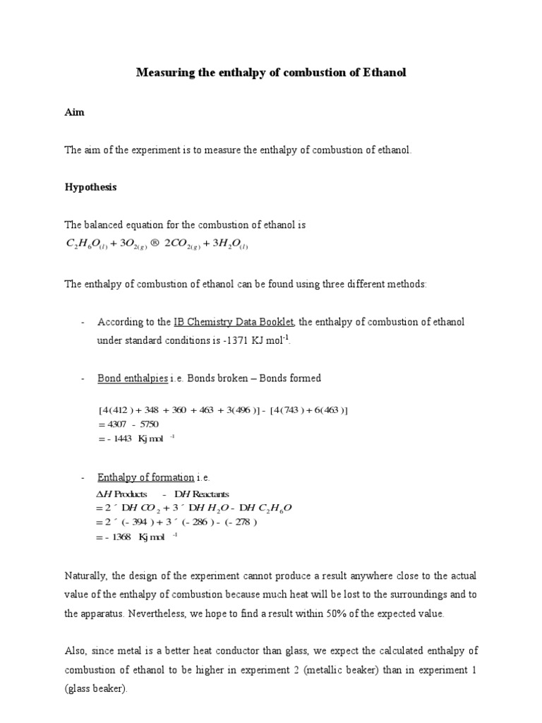 Measuring the Enthalpy of Combustion of Ethanol IB Chemistry SL Lab report Heat Combustion