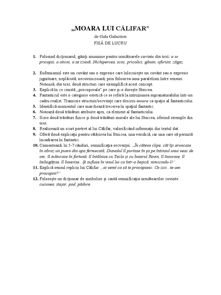 Moara Lui Califar Fisa de Lucru | PDF