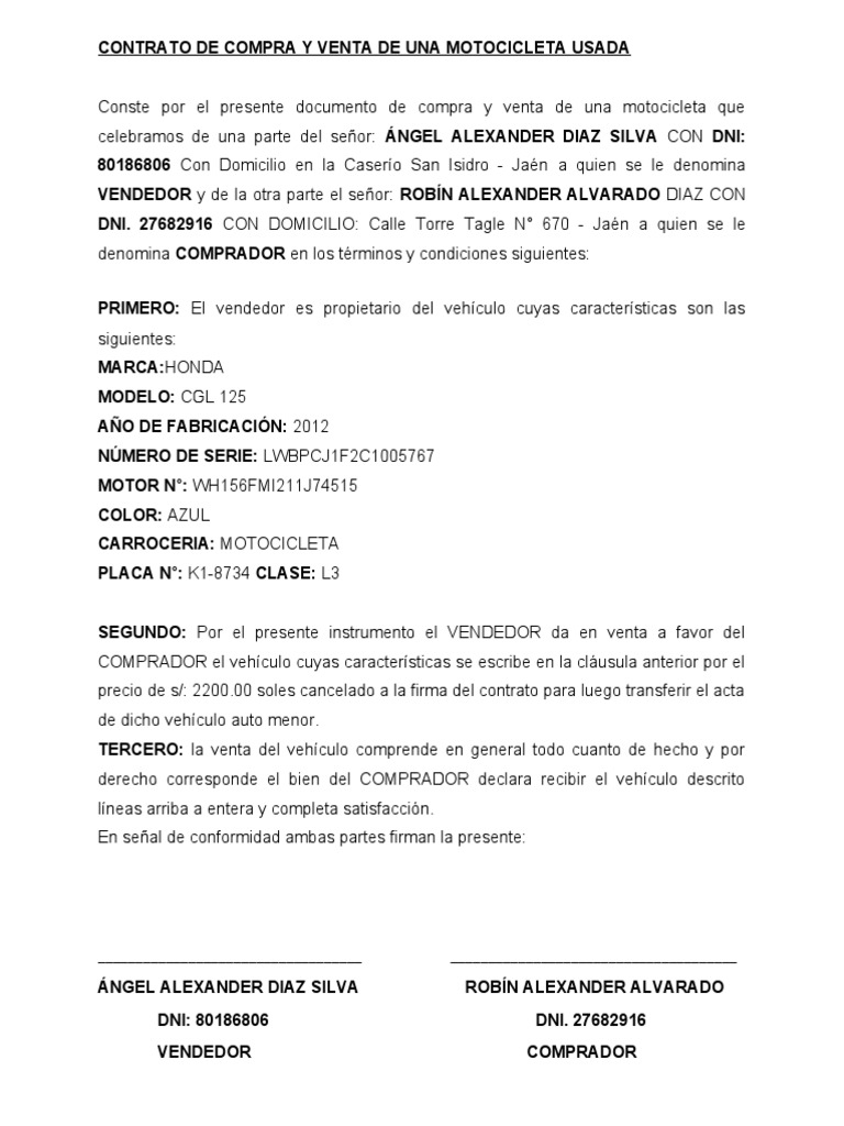 Contrato de Compra y Venta de Una Motocicleta Usada | PDF