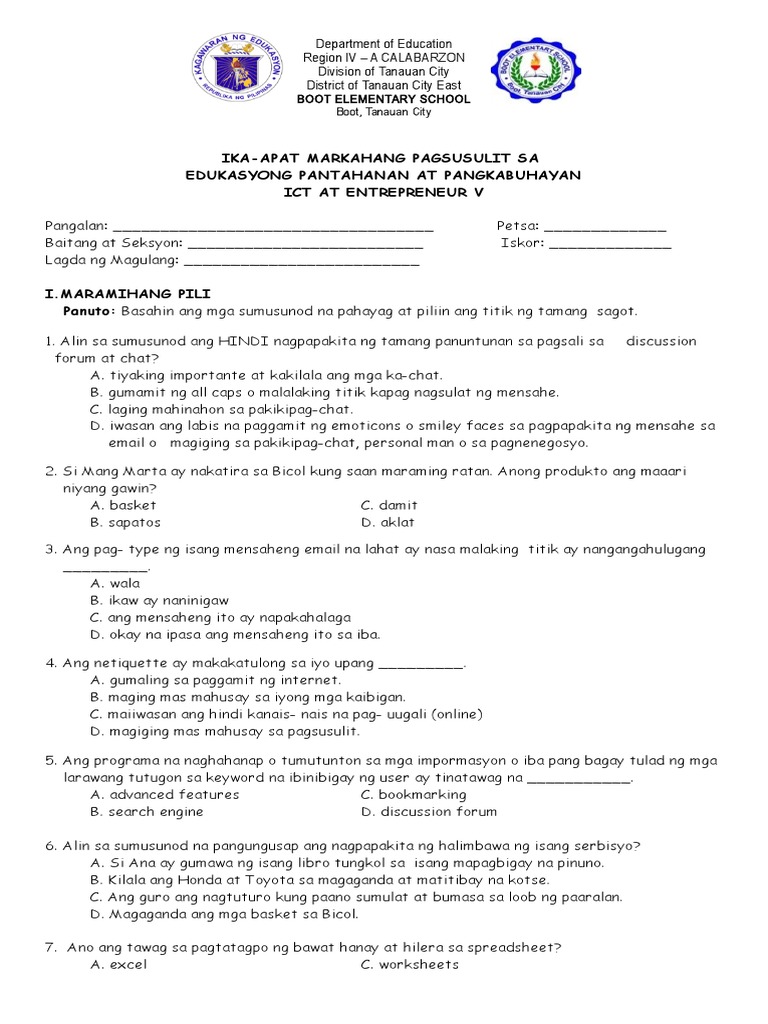 Fourth Periodical Test.2020 | PDF