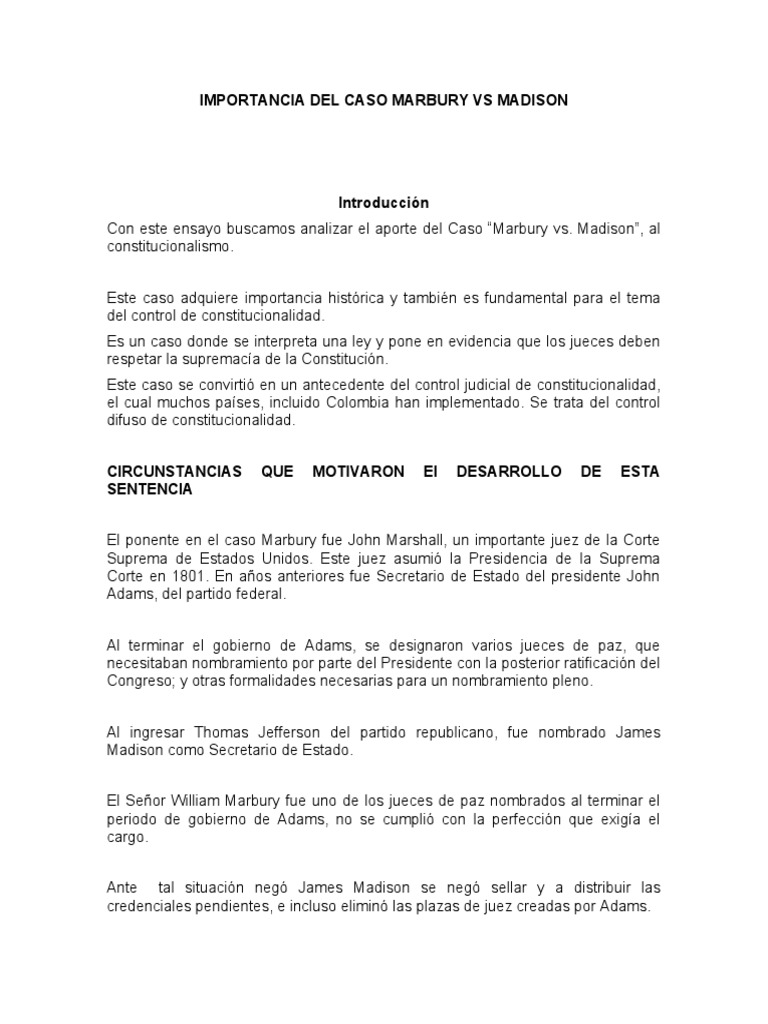Análisis del Caso Marbury vs. Madison | PDF | James Madison | John Adams
