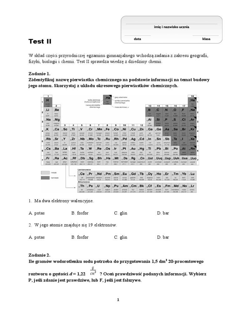 Test Z Pierwiastków Chemicznych Klasa 7
