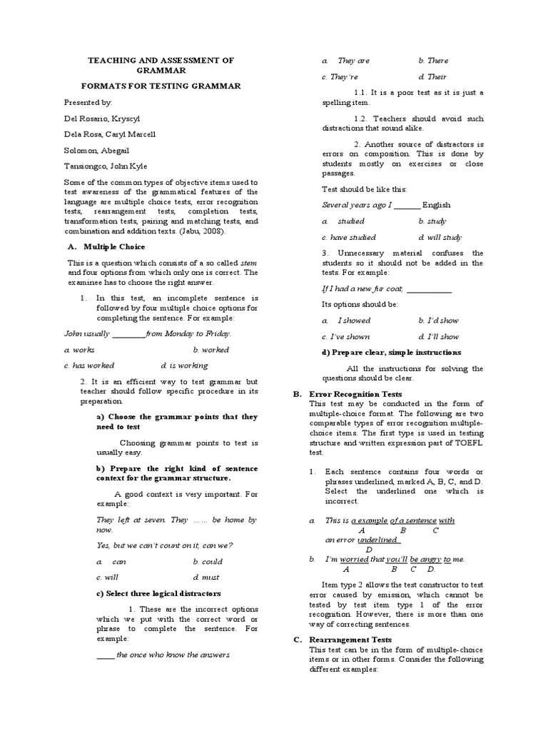 FORMATS FOR TESTING GRAMMAR (PRESENTATION) Docx | PDF | Multiple Choice ...