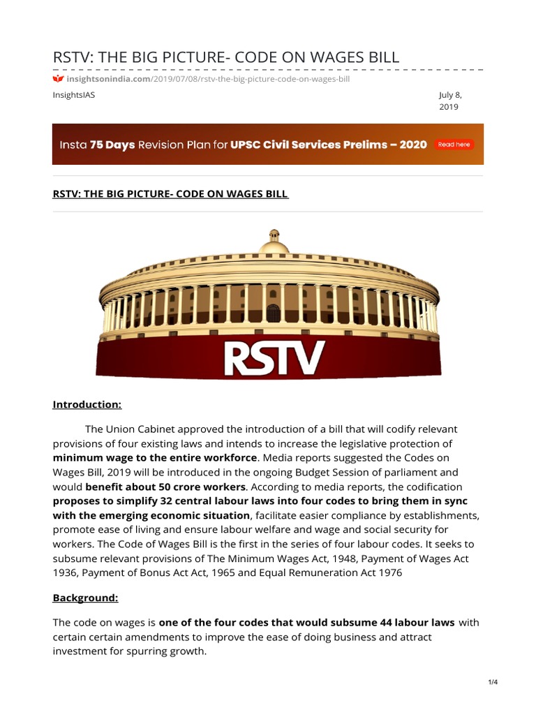 Code on Wages Bill Overview 2019 | PDF | Minimum Wage | Wage