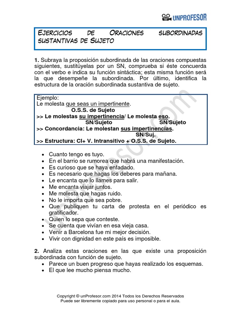 Ejercicio Oraciones Subordinadas Sustantivas De Sujeto 953 PDF