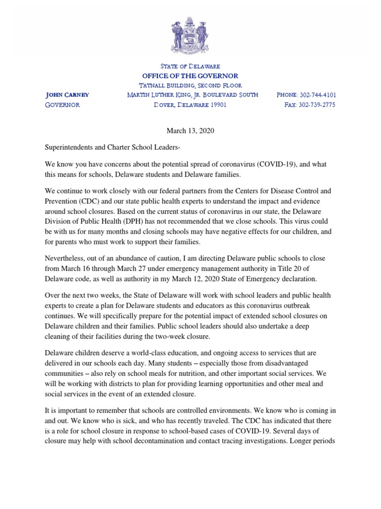 School Letter Governor Carney 03132020 Centers For Disease Control 