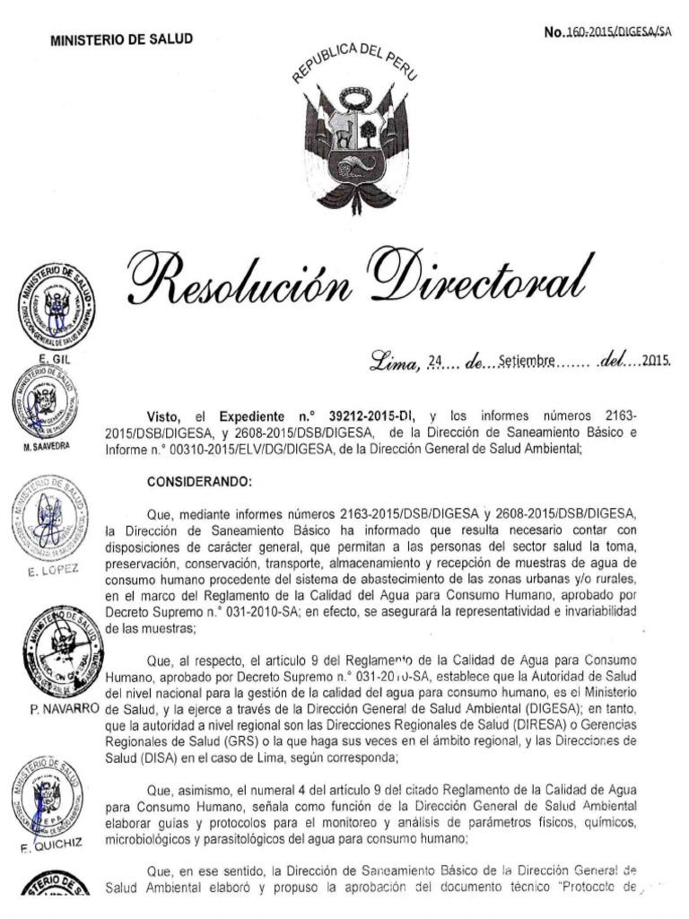 RD - 160 - 2015 - DIGESA Protocolo de Muestras PDF | PDF