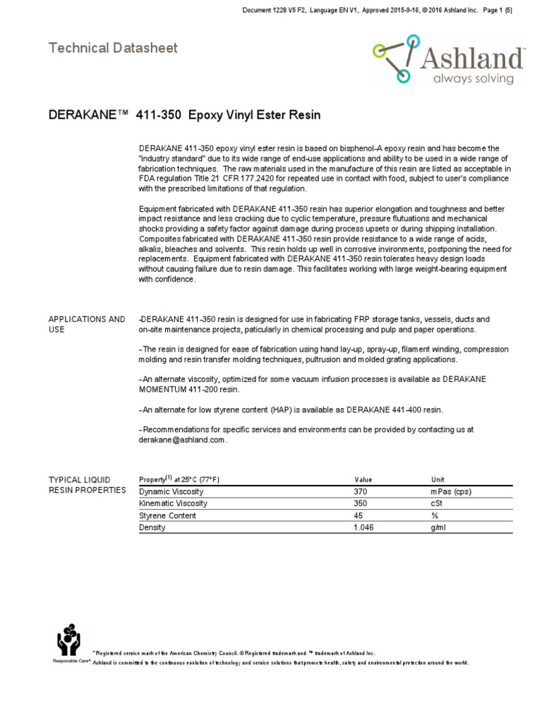 Ashland - Data Sheet For DERAKANE 411-350 | PDF | Epoxy | Pascal (Unit)