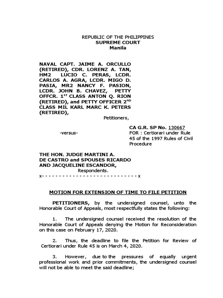 Motion for Extension of Time to File Petition | PDF | Certiorari ...