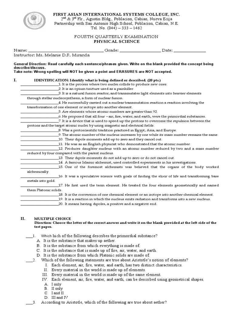 4TH Quarter Physical Science | PDF | Chemical Polarity | Chemical Elements