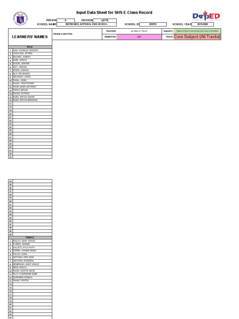 SHS-E-Class-Record-GRADE 11.xlsx Pagbasa at Pagsusuri Tungo Sa ...
