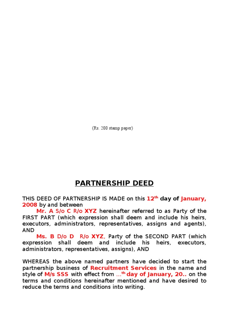 6.2 Sample Partnership Deed Partnership Business Law