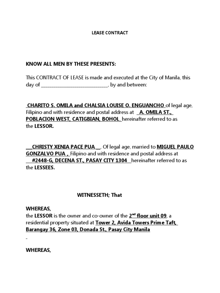Avida Lease Contract Sample | PDF | Lease | Real Property Law