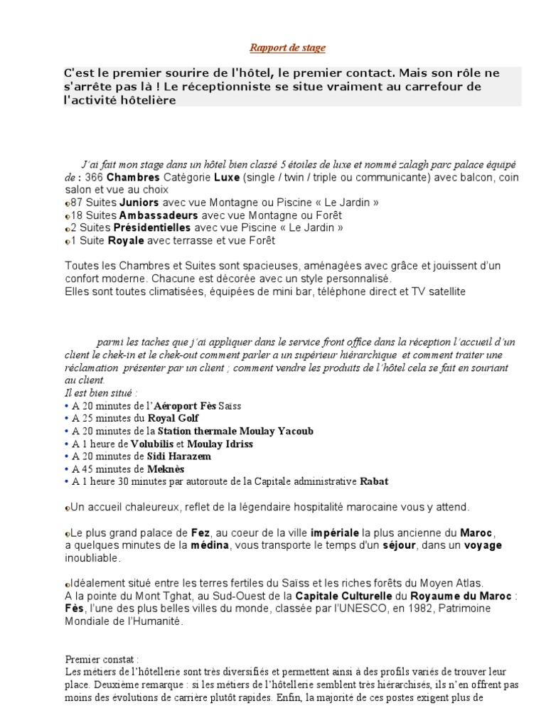 Rapport De Stage Pdf Hotellerie Hotel