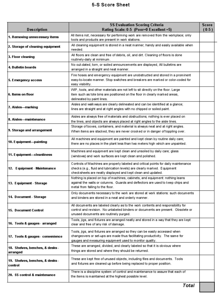 5S Evaluation Scoring Criteria Guide | PDF | Desk | Aisle
