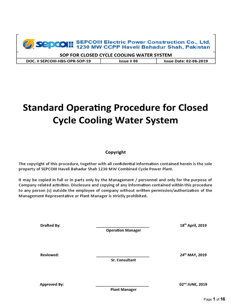 SOP For Closed Cooling Water System PDF Personal Protective
