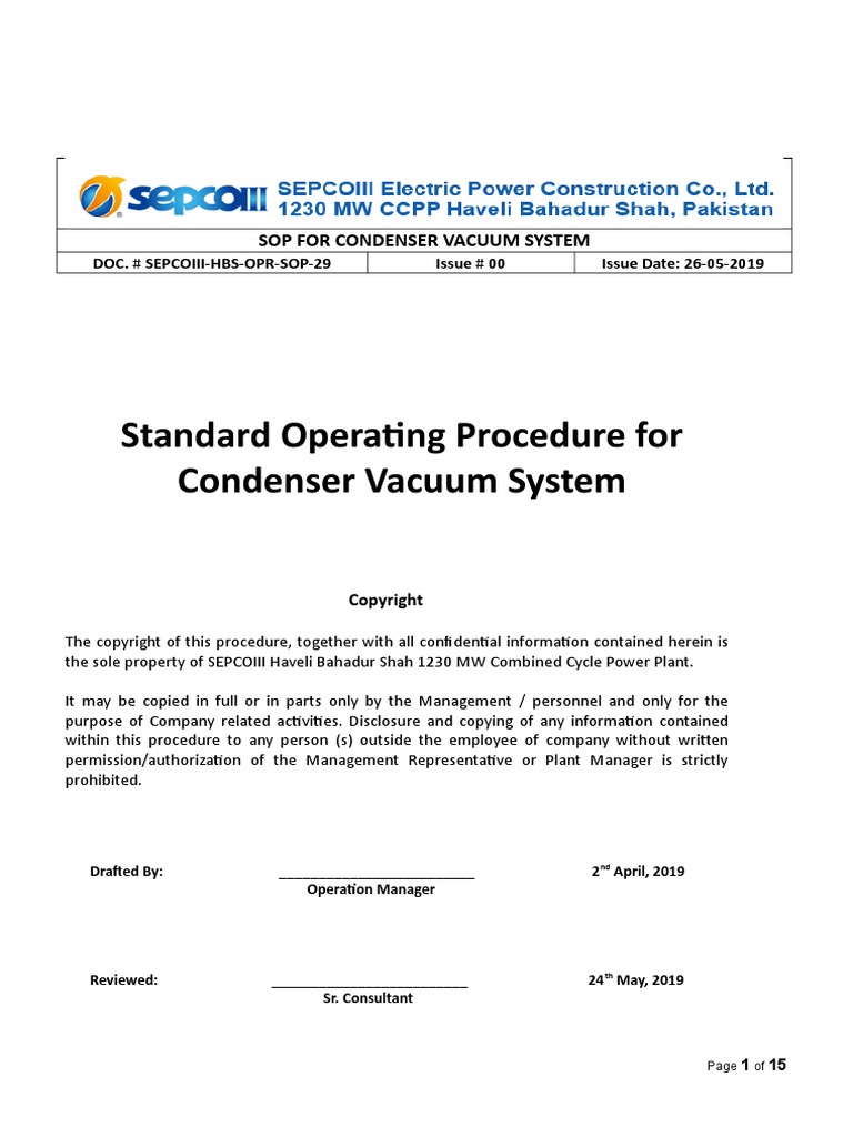 SOP For Condenser Vacuum System PDF Personal Protective Equipment Pump