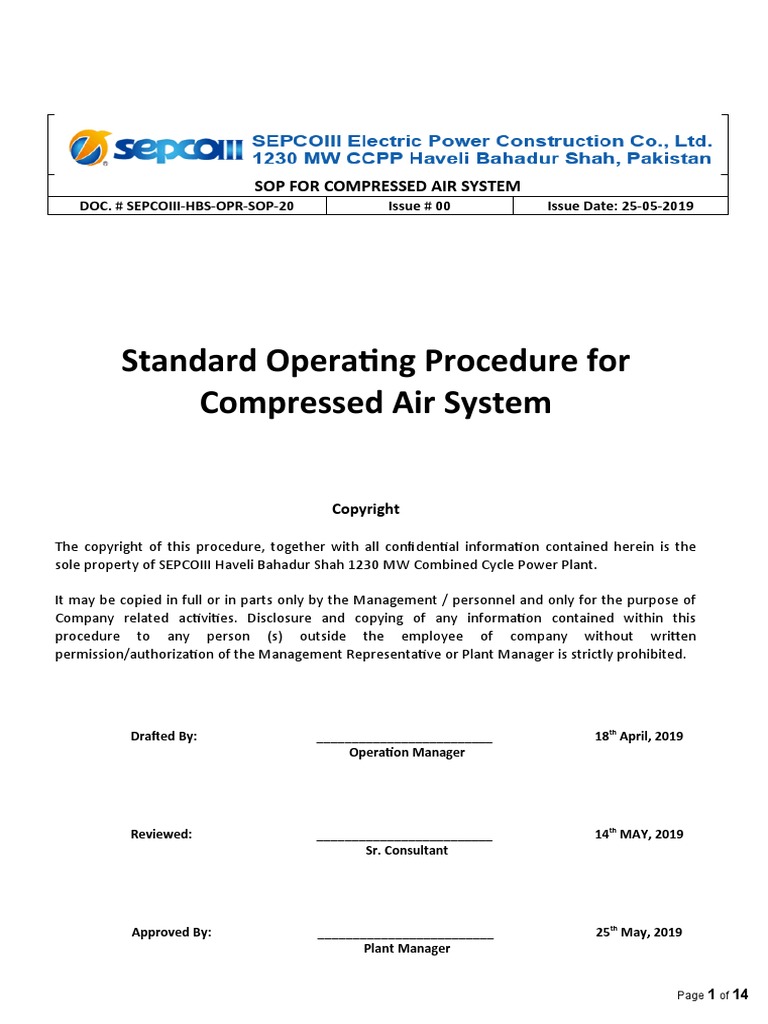 SOP For Compressed Air System PDF Personal Protective Equipment Valve