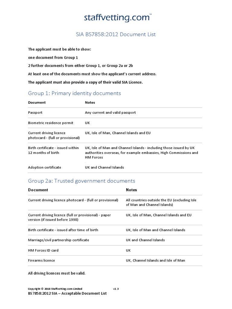 SIA BS7858 Acceptable Document List | PDF | Identity Document | Driver ...