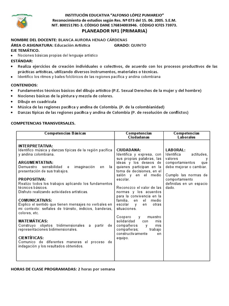 Plan de Aula Artistica Grado 5 1P 2019 | PDF | Dibujo | Color