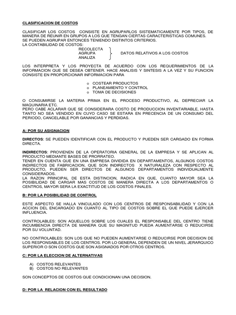 Clasificacion de Costos - Sistemas de Costos UBA | PDF | Costo ...