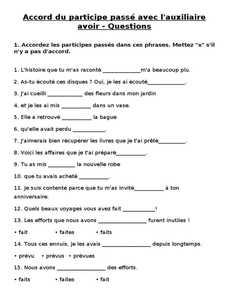 évaluation Participe Passé Cm2 Avec Correction Accord Du Participe Passé Avec L'auxiliaire Avoir - Questions | PDF |  Théorie (échecs) | Échecs