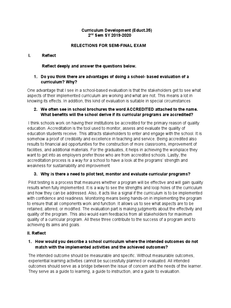 Reflections on Semi-Final Exam Insights | PDF | Curriculum ...