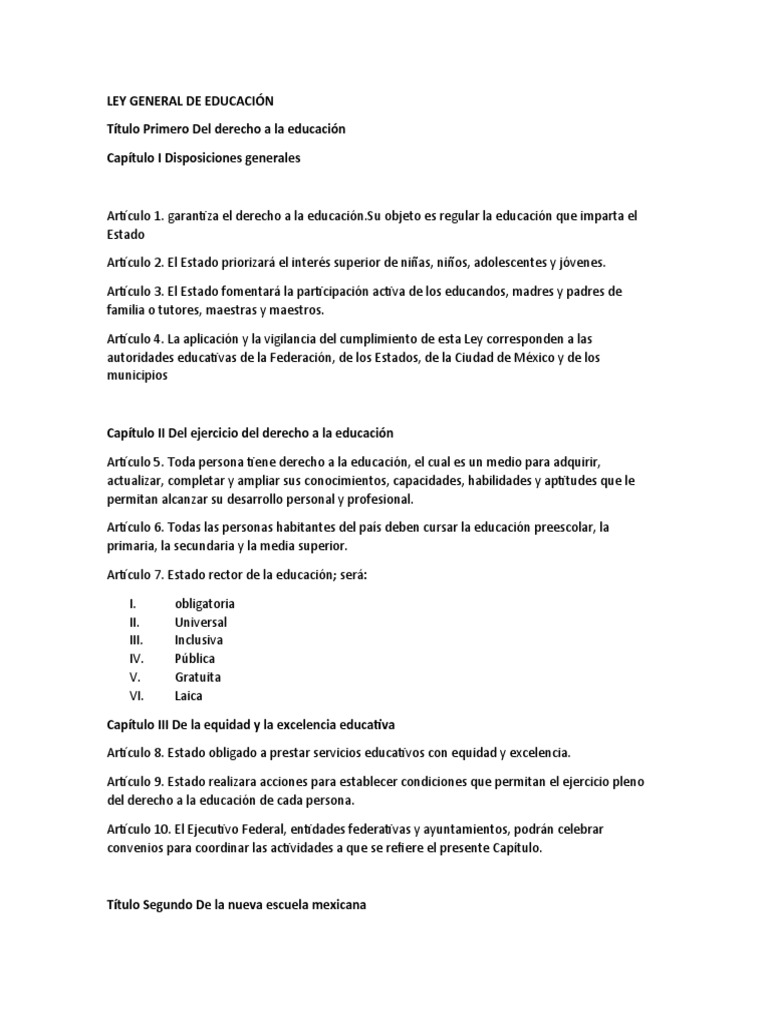 Resumen Ley General de Educación | PDF | Educación Secundaria ...