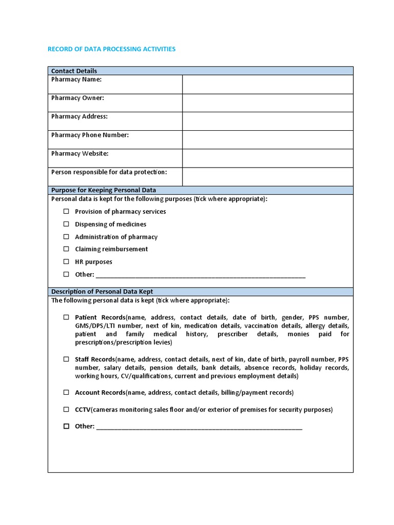 Template 1 Record of Data Processing Activities | PDF | Pharmacy ...