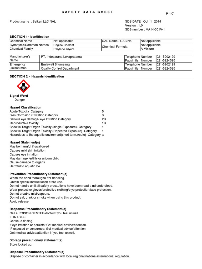 SDS Coolant NAL PDF Fires Toxicity
