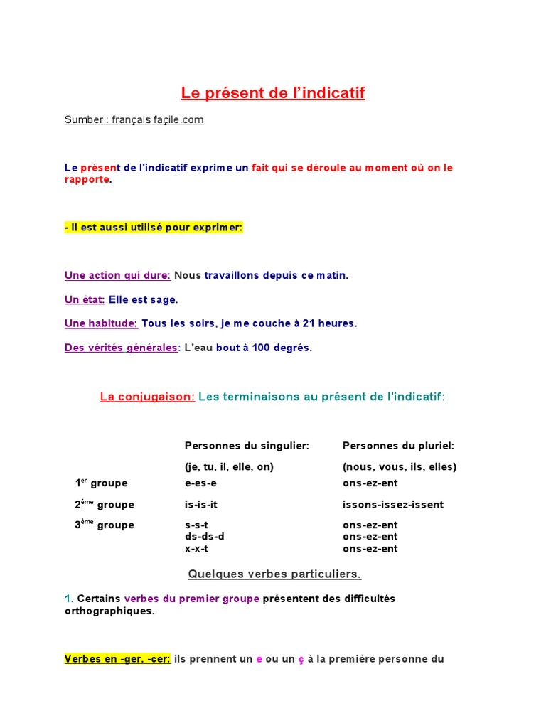 Francais Facile Present De L indicatif Le Présent de L'indicatif | PDF | Nombre grammatical | Verbe