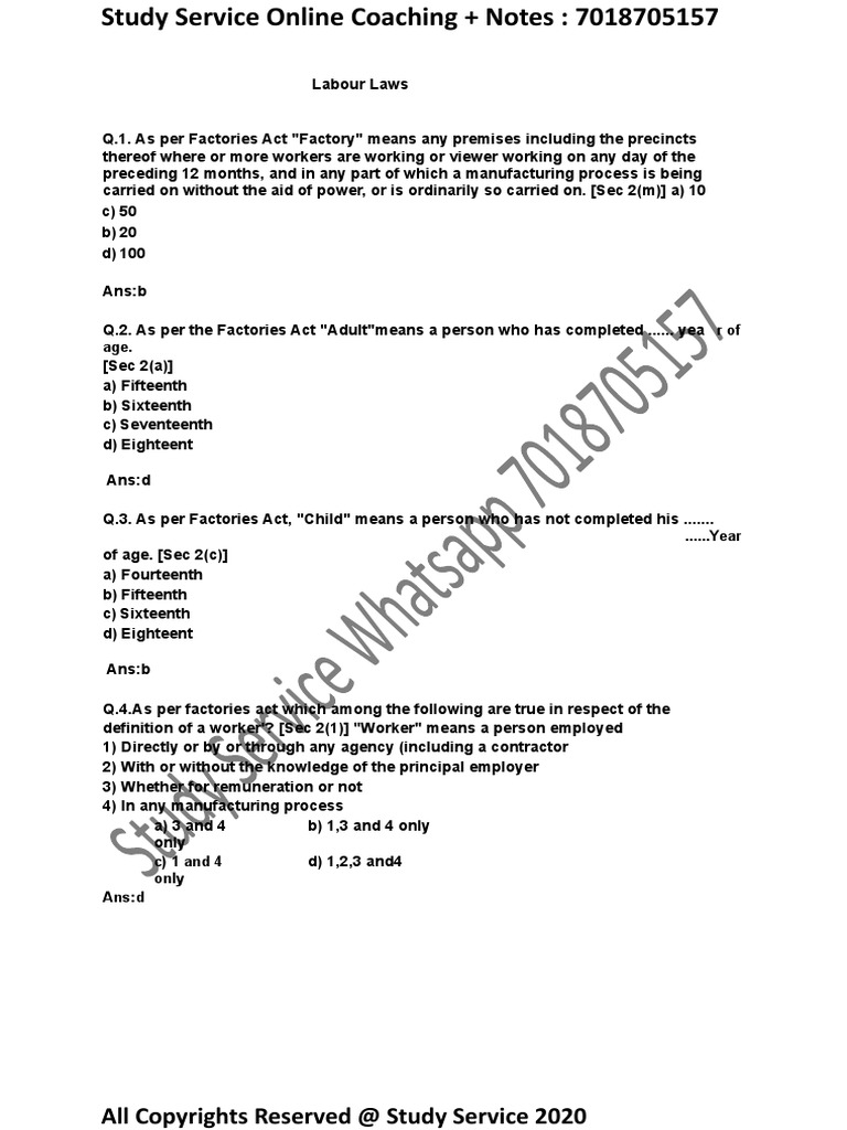 MCQs305HR LabourLaws 1 PDF Employment Occupational Safety