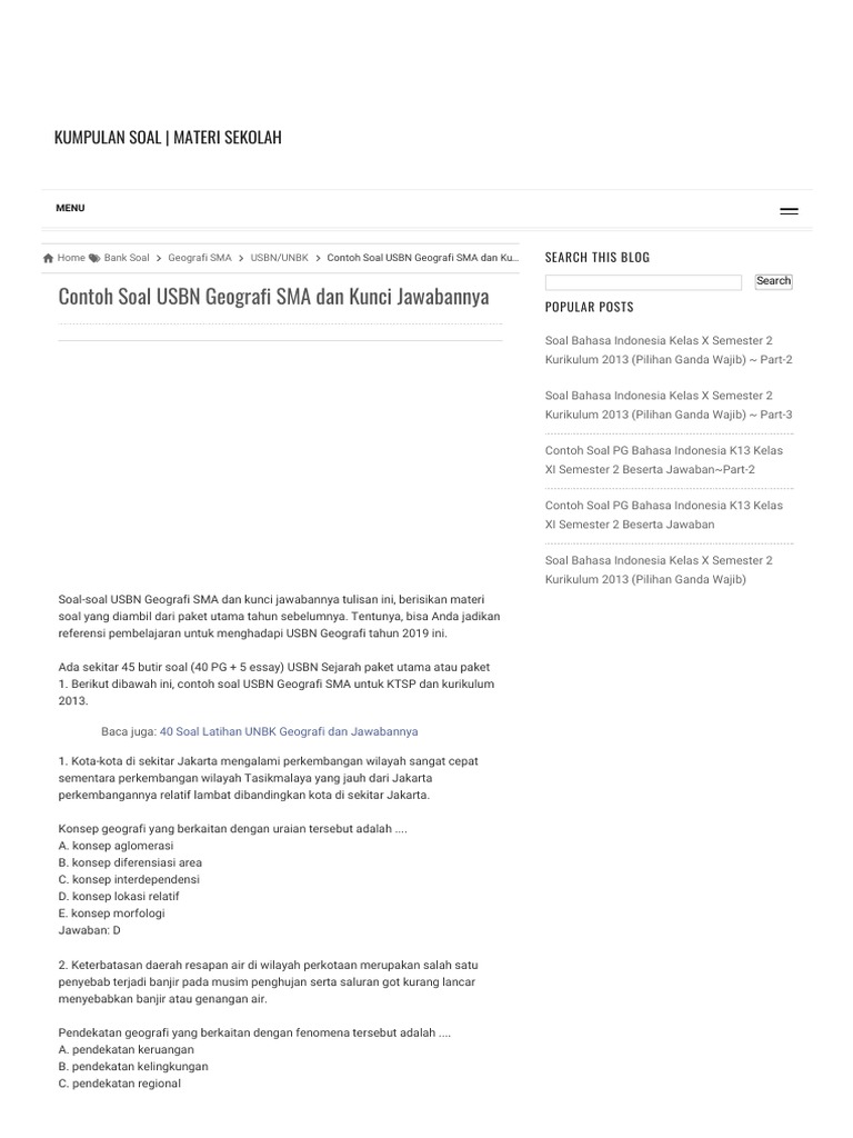 Contoh Soal Usbn Geografi Sma Dan Kunci Jawabannya Kumpulan Soal Materi Sekolah Pdf
