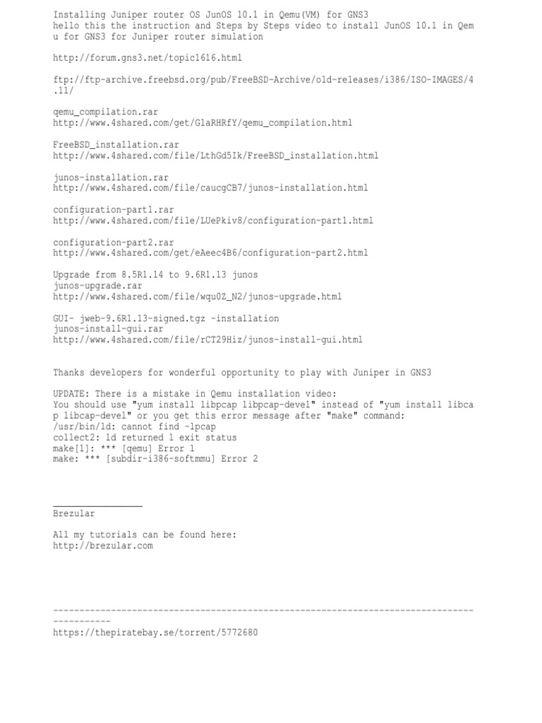 Installing Juniper Router OS JunOS 10 1 in Qemu VM For GNS3 Download Free PDF Computing