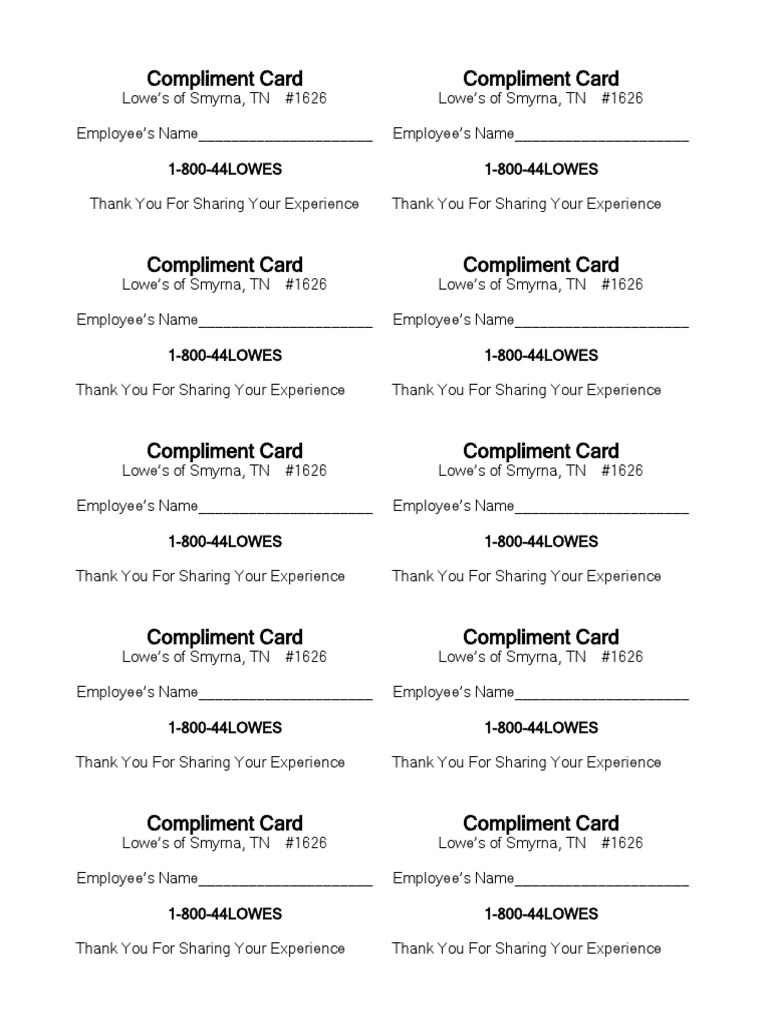 Lowe's Smyrna Employee Compliment Card | PDF | Cooking, Food & Wine ...