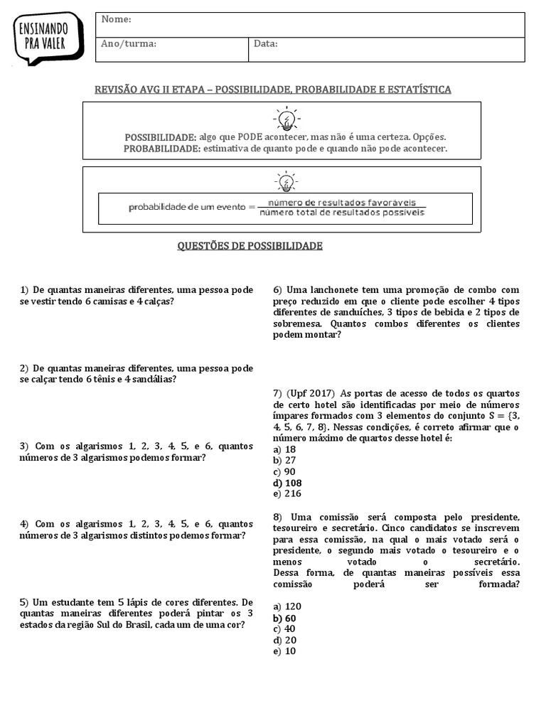 8o Ano - Exercício - REVISÃO AVG 2 - POSSIBILIDADE, PROBABILIDADE E ...