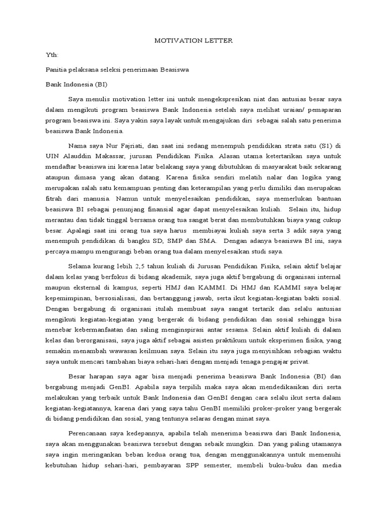 Surat Motivasi Beasiswa Bank Indonesia | PDF | Kesehatan Holistik