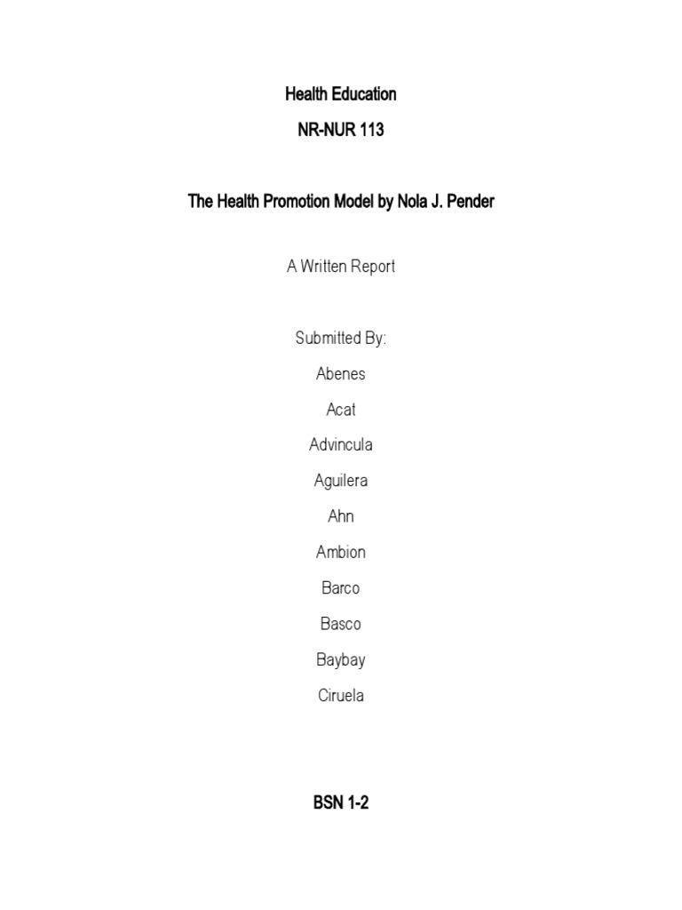 Pender's Health Promotion Model Overview | PDF | Self Efficacy | Behavior
