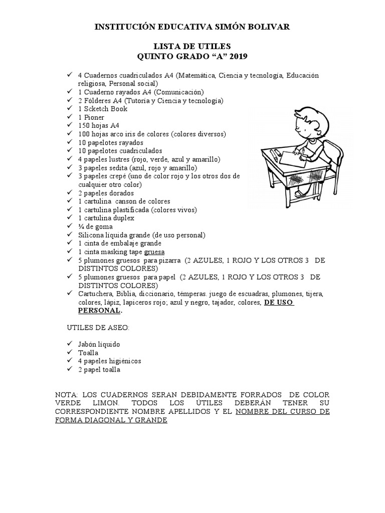 Lista de Utiles - QUINTO GRADO 2019 | PDF