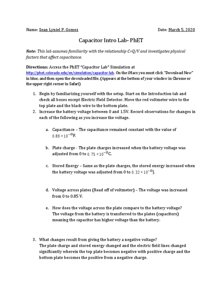 Capacitor PhET Lab PDF Capacitor Dielectric