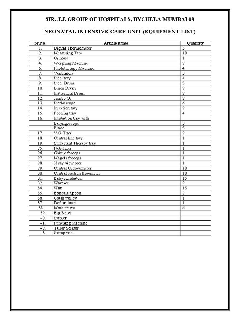 NICU Equipment List PDF