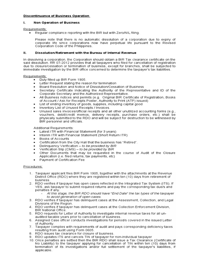Closure Of Business With Bir Pdf Taxpayer Taxes