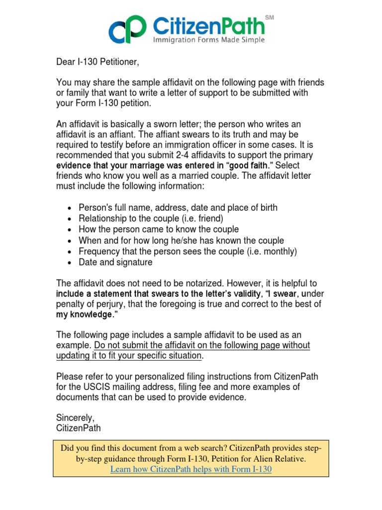 I 130 Affidavit Sample | PDF | Affidavit