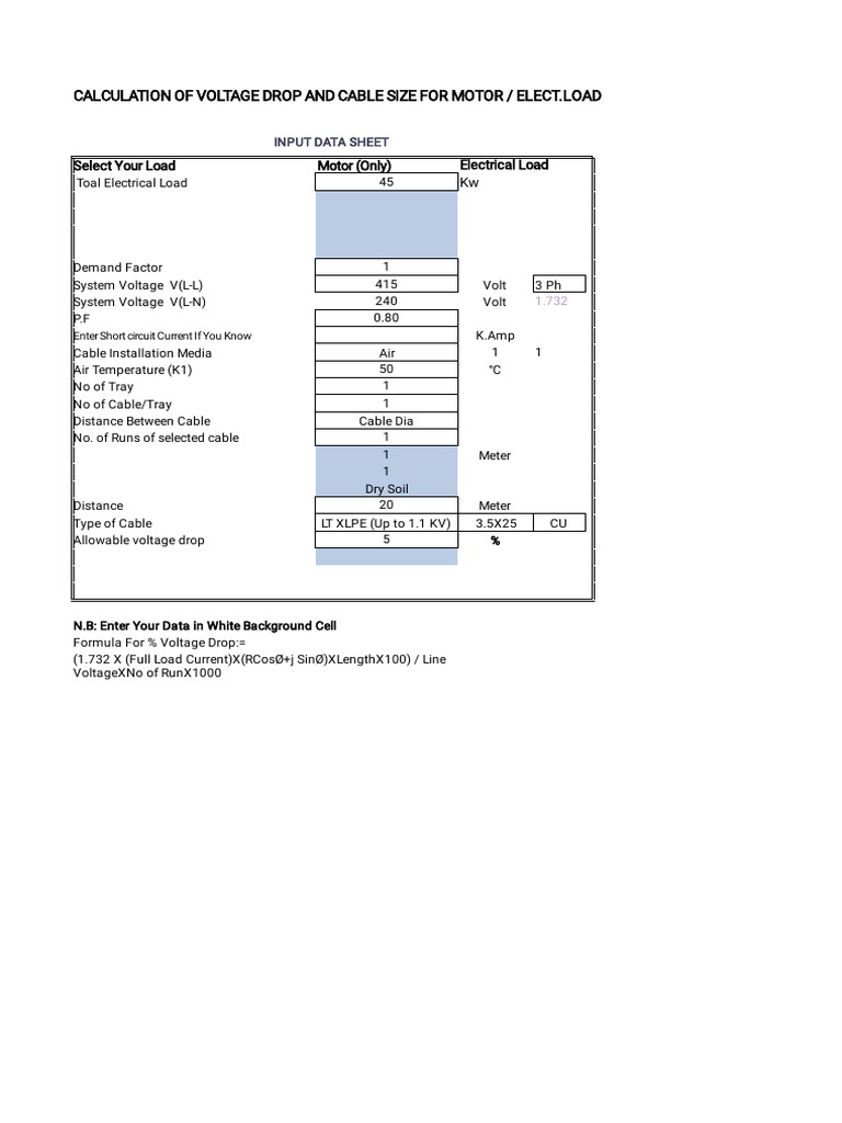 Cable Size Calculation PDF Volt Voltage