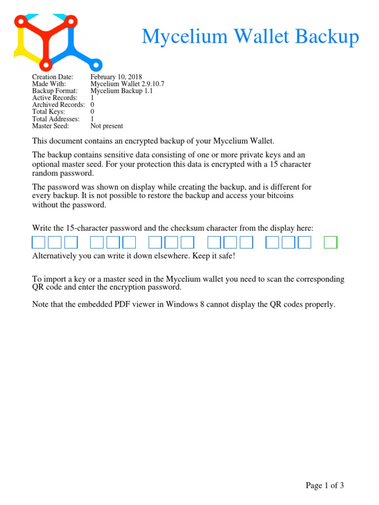 Mycelium Wallet Backup Instructions | PDF | Key (Cryptography) | Qr Code