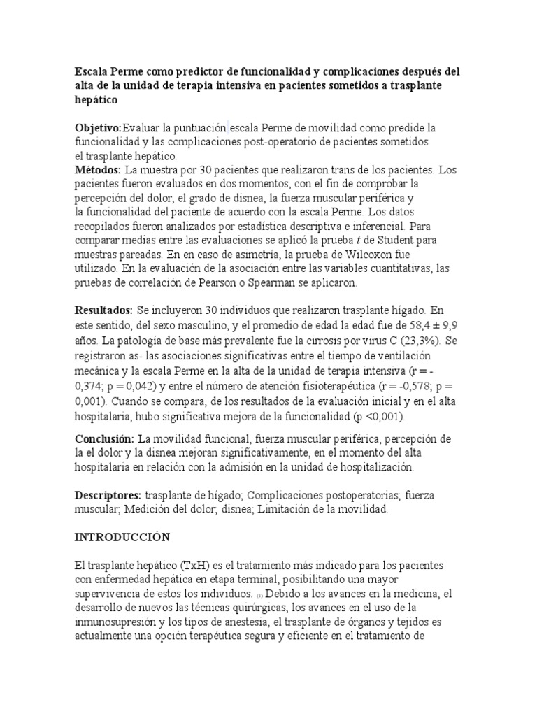 Escala Perme y su impacto en trasplante hepático | PDF | Medicina ...
