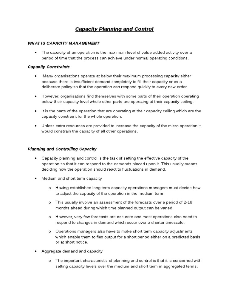 Operations Management Capacity Planning And Control Sample Pdf