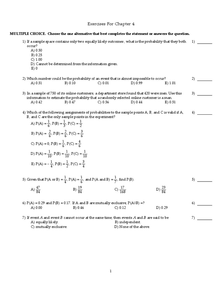 QM120 - Exercises For Chapter 4 | PDF | Multiple Choice