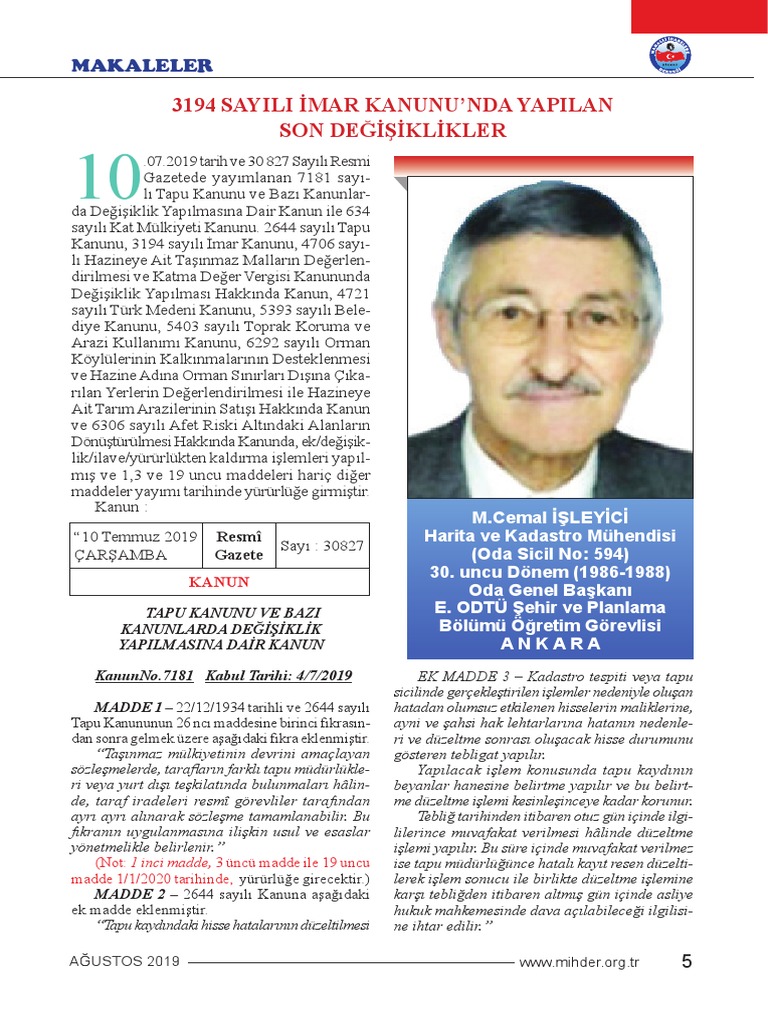 3194sayılıİmarKanunundaYapılanSonDeğişikliklerCemalİşleyici PDF